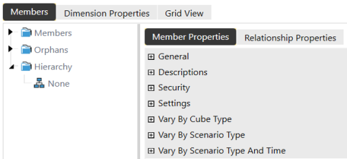 The Member Properties tab has a blue background with white text and a list of the types of properties on a light blue background with blue text: General, Descriptions, Security, Settings, Vary By Cube Type, Vary By Scenario Type, and Vary By Scenario Type and Time. Each item has a plus sign that can be expanded.